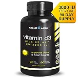 Vitamin D3 with Vitamin K2 MK-7  New  Full 3,000 IU Per Capsule Plus 115mcg MK7 from Natto - Natural, Effective, Safe - Supports Bone and Heart Health - Gluten Free - 90 Capsules