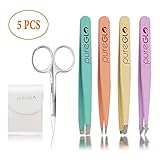 Tweezers Set 5-piece – pureGLO Professional Stainless Steel Slant and Pointed Tip Tweezer Set with Scissors – Best Precision for Eyebrow, Ingrown Hair, Splinter