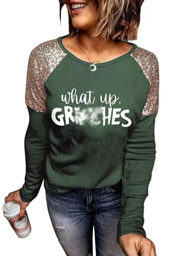 Yuaelria What Up Color Christmas Sweatshirt for Women Splicing Long Sleeve Blouse Baseball Raglan Sleeve Casual Pullover (X-Large,Green-5) at Amazon