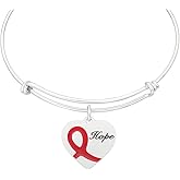 Hope Awareness Bracelet – Red Ribbon Heart Charm Bangle – Adjustable Silver Plated Bracelet for Women – Inspirational Gift for Cancer, Heart, or HIV Awareness