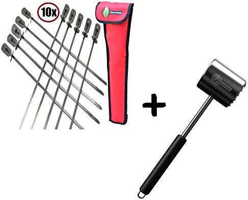 BBQ Skewers Set (10) Extra Long + Meat Tenderizer Mallet Tool - DISHWASHER SAFE &amp; - Hammer Pounder For Tenderizing Chicken Steak Pork &amp; Veal in Kitchen - Non Slip Silicone Handle