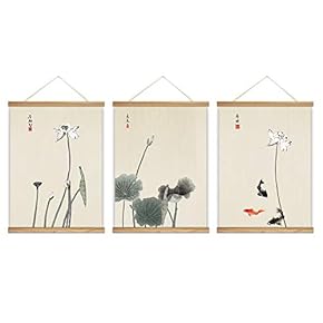 3 Panel Hanging Poster with Wood Frames Lotus Canvas Artwork Wall Picture Home Decoration - 18"x24"x3 Panels