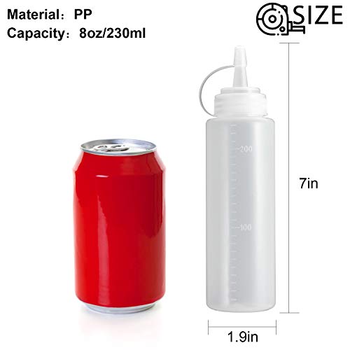Condiment Squeeze Bottles, OAMCEG 12-Pack 8 oz Plastic Squeeze Squirt Bottles with Twist On Cap Lids and Discrete Measurements - for Ketchup, BBQ, Sauces, Syrup, Condiments, Dressings, Paint, and More
