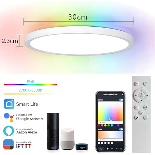 ET EASYTAO Lampara de Techo, Lampara Led Inteligente Wifi, Lámpara Alexa con Retroiluminación RGBIC, Control Remoto y Smart Life APP, 30cm, 24W, 2200LM, Ultradelgado
