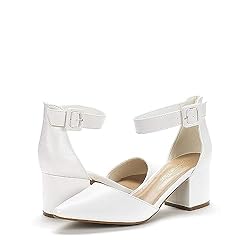DREAM PAIRS Womens Low Heel Pump Shoes, White/Pu