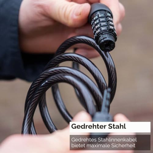Cycling Zahlenschloss QuickCode Fahrradschloss für Rennrad MTB und Urban Cycling 4-Stellig Code Kombination Kabelschloss aus Gehärtetem Stahl 8mmx, Schwarz