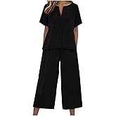 AEPTDEO Linen Sets for Women 2 Piece Short Sleeve Button Down Tops Wide Leg Pants Lounge Sets Summer Beach Vacation Clothes