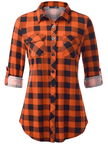 Djt Damen Weiches Gestrick Karierte Bluse Langarm Oberteile Roll Up Ärmel Hemdbluse Shirts Button Down Blusen Top Orange L