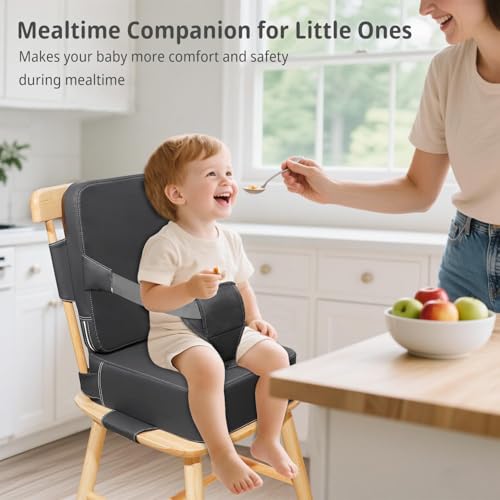 YOOJ® Toddler Booster Seat for Kitchen Chair, 2-in-1 Dining Table Booster Seat with Backrest & Adjustable Straps, PU Portable Toddler Eating Travel Increasing Cushion, Easy to Clean (Dark Grey)