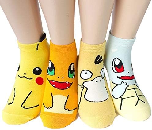Heropantee Unisex Elastic Pokemon Ankle Socks (Multicolour, Free Size) - Set of 4 Pairs