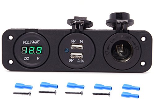 Cllena Triple Function Dual USB Charger + Green LED Voltmeter + 12V Outlet Socket Panel Jack Marine for Digital Devices Mobile Phone Tablet