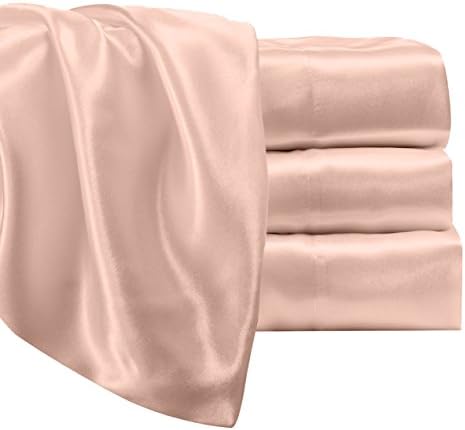 Satin Radiance Luxury Charmeuse Satin Sheet Set with Deep Fitting Pockets, 3 Piece Sheet and Pillowcase Set - Twin XL, Blush Pink