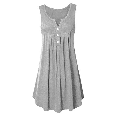 CCatyam Plus Size Dresses for Women, Sleeveless O-Neck Button Solid Loose Mini Casual Party Fashion Gray - Thumbnail 2