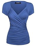Zeagoo Women's Cross-front V Neck Ruched Cap Sleeve Blouse, Large, Blue, Blue, Large
