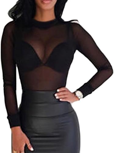 CRYYU Womens Sexy See-through Tops Long Sleeve Club T-Shirt Tees Black US XL