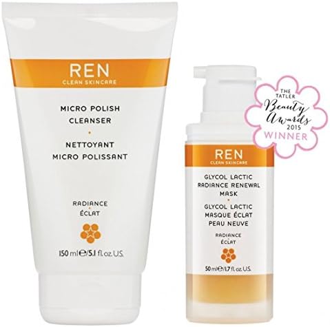 REN Skincare Micro Polish Cleanser and Glycol Lactic Radiance Renewal Mask with Amber Powder, Papaya Fruit Extract, Sunflower Seed Oil, Mandarin Orange Peel Oil and Lemon Extract, 5.1 and 1.7 fl. oz.