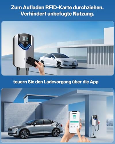 Wallbox 11kW with App & RFID - 3-Phase Type 2 EV Charger 400V, 6-16A, 8M Cable with Cable Holder - RCD Type B & IP54, Setting Start Time Efficient Charging Station for Home for BEV PHEV