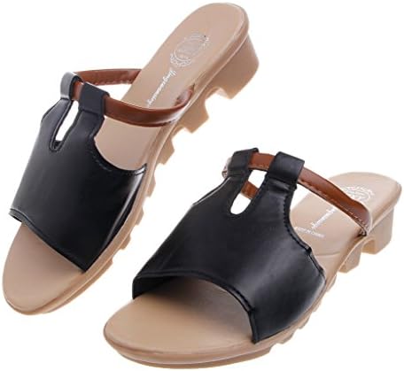 Flower Summer Fashion Low Muffin Heel Slide Slip On Slipper Female Sandals - Loafers Shoes (Black, US 7.5 B(M))