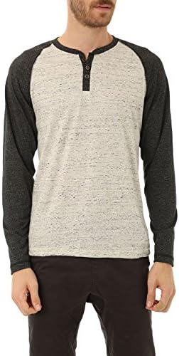 Distortion Mens Long Sleeve Basic Henley T Shirt, Casual Raglan Pullover Top With Contrast Color Sleeves &amp; Stylish French Terry Fabric (X-Large, Black)