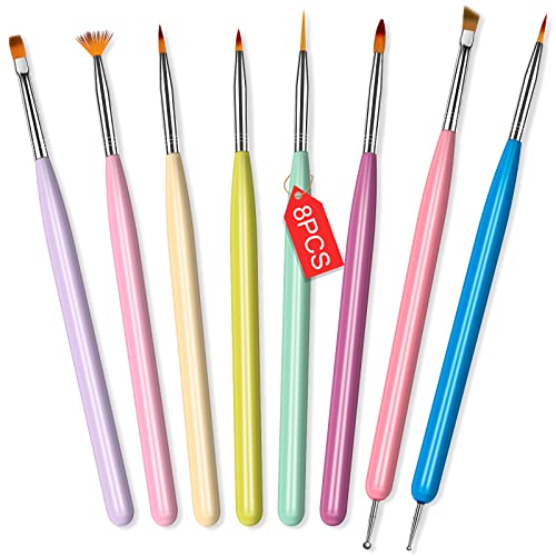 Saviland Nail Art Tools - 8pcs Nail Brushes with Color Handle Gel Polish Nail Painting Tools, Nail Extension Gel Brush, Nail Liner Brush, Double Nail Dotting Pen for Salon at Home DIY Manicure