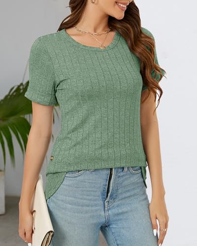 BELLADILA WOMENS SUMMER CASUAL CREW NECK SHORT SLEEVE TUNIC TOPS BUTTONS DRESSY BLOUSES TSHIRTS SHIRTS FOR WOMEN 2024 GREEN