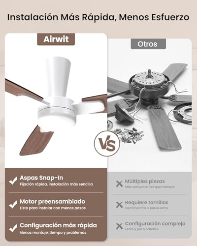 Airwit Ventilador de Techo con Luz LED, 41 Pulgadas, Motor DC Silencioso, 3 Aspas, Abanico de Techo Moderno con Control Remoto para Interior Acabado En Madera Amarilla, Color Madera Oscura