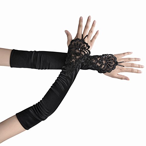 Xuhan 1920s Long Flapper Fingerless Evening Opera Satin Gloves for Women (Black-1)