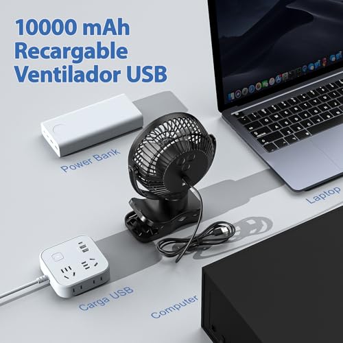 AWANFI 10000mAh Ventilador USB, Portátil Clip-on Fan, Recargable Ventilador con Mando a Distancia, Luz LED, Oscilación, Mini Ventilador de Mesa para Camping, Oficina, Habitacion, Cochecito