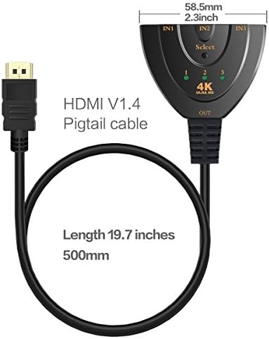 HDMI Switcher 4K,3 Port Switch With Pigtail HDMI Cable, Supports 4K, Full HD 1080p, 3D,For HDTV,PC,Projector,PS3,Xbox,STB,Blu-ray DVD Players,4k TV