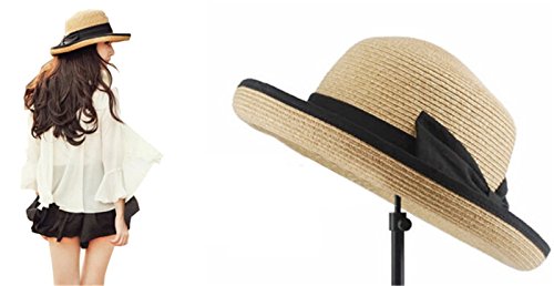 Beige Women Ladies Black Bow Bowknot Sweet Cute Crimping Straw Foldable Cap Hat