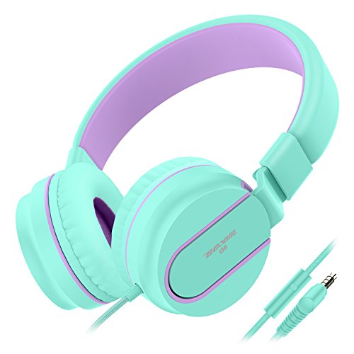 Kids Headphones Girls, Besom i36 Foldable Stereo Ear Headphones w/Mic 3.5mm Jack Wired Cord On-Ear Headset for Children Kid Teens Adult Headphone(Green/Purple)