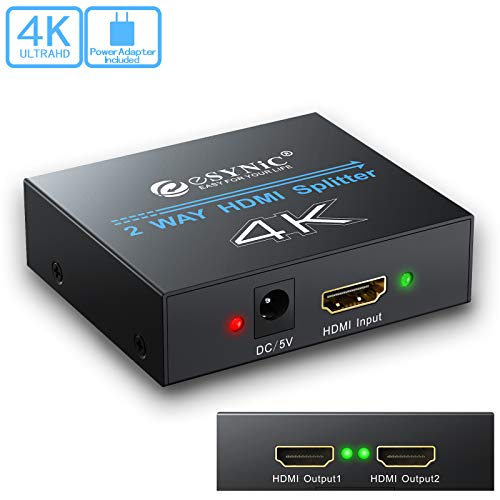 eSynic 1x2 HDMI Splitter, 4K HDMI Splitter 1 in 2 Out HDMI Amplifier Adapter Aluminum Ver 1.4 HDCP with Power Adapter Supports 3D 4K@30HZ Full HD1080P for PC PS3 PS4 Blu-ray Player Apple TV HDTV