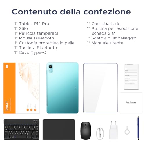 BIRDCLAW P12 Pro Tablet 12 Pollici, 12000mAh Tablet Android 16, 48GB RAM+256GB ROM/2TB TF, T7300 Octa-Core, 4G LTE, 2.4K/120Hz, 13MP, Gemini AI, Face ID/OTG/GPS/FM, Tablet con Tastiera e Penna, Blu