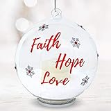Faith Hope and Love Ornament – Hanging Glass Ball Christmas Ornament with LED Votive Candle and Glitter inside – Hand Pained Snowflakes - Glass Christmas Ornament