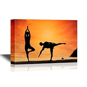 Canvas Wall Art - Silhouette of Woman Practicing Yoga on The Beach at Sunset - Gallery Wrap Modern Home Art | Ready to Hang - 12x18 inches