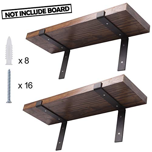 Heavy Duty Floating Shelf Lip Bracket Black J Wall Hook Solid Steel 4 Pack Rustic Decorative Bracket for Wood Boards Study Bedroom Kitchen (7.25"L x 6"H)