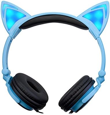 Kids Headphones Children's Cat Ear Headphones LED Flashing Lights (Blue)