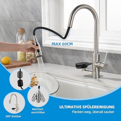 Mynaiad 3-Way Kitchen Tap with Removable Dual Outlet Water Filter, 360° Rotation, Kitchen Sink Tap, Kitchen Mixer, Brushed 304 Stainless Steel