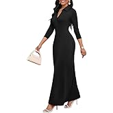 MarryUP Maxi Dresses for Women Casual V Neck 3/4 Sleeve Bodycon Long Party Holiday Dress Semi Formal Outfits