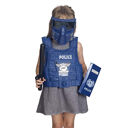 Kids Police Costume for Role Play 14 Pcs Police Toys with Police Badge, Kids Handcuffs, Shield, Vest, Flashing Light, Whistle, Police Baton - Police Officer Halloween Costume for Boys and Girls