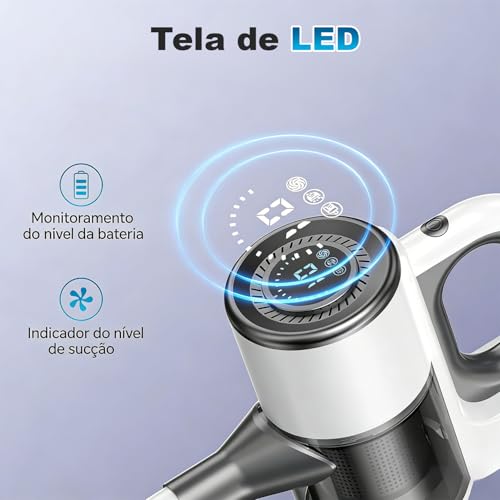Aspirador de Pó Vertical Sem Fio, 100W, Branco e Cinza, 40000 RPM, LED, 50min Autonomia, 10000Pa Sucção, 3 Velocidades, 0.75L