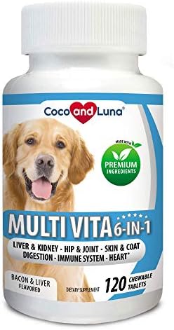 Coco and Luna Multivitamin for Dogs – Glucosamine, Chondroitin, Essential Dog Vitamins, DHA, EPA, Probiotics & Enzymes, Immune Support for Dogs – 120 Chew-able Tablets