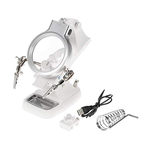 vmree Multifunctional Desktop LED Helping Hand Magnifying Soldering Iron Stand Lens Bench Magnifier Clamp Tool Kit Repair Station Welding and Assembling Precision Instrument (White)