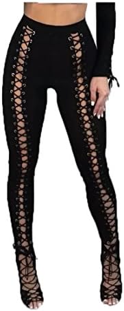 AliceHome Women Gym Leggings Black Chic Punk Skinny Pants Slimming Trousers Lace up Capris S-XL