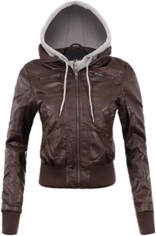 BEKTOME Womens Fleece Hood Faux Leather Zip Up Moto Biker Bomber Jacket -L-COFFEE
