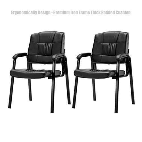 Ergonomic Design Office Conference Lecture Reception Chair Thick Padded PU Leather Cushion Seat Power Coated Finish Premium Iron Frame Armchair - Set of 2 Black #1485