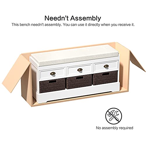 Knowlife Storage Bench Entryway Bench with Cushion, 3 Drawers and 3 Removable Baskets Shoe Bench