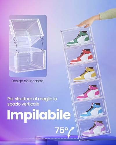 SONGMICS LSP508W01 Set of 8 Shoe Storage Boxes Transparent Plastic Shoe Organiser with Door Stackable 33 x 28.5 x 19.3 cm for Shoes up to Size 46 White Transparent
