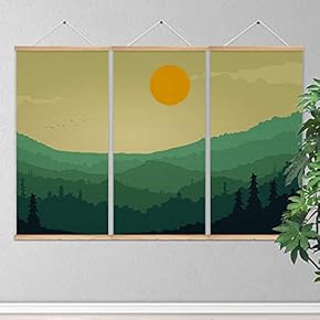 3 Panel Hanging Poster Wooden Framed Sun and Mountain Home Wall Canvas Prints Ready to Hang - 18"x36"x3 Panels