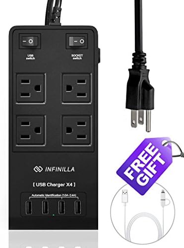 Infinilla 4-Outlet Surge Protector Power Strip with 4-port Smart USB Charging Station 6ft Cord